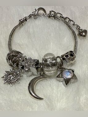 Stainless Steel Silver Moon & Star Charm Bracelet - Silver
